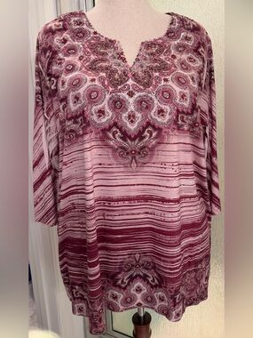 Catherines Pink Paisley Beaded V-Neck Tunic